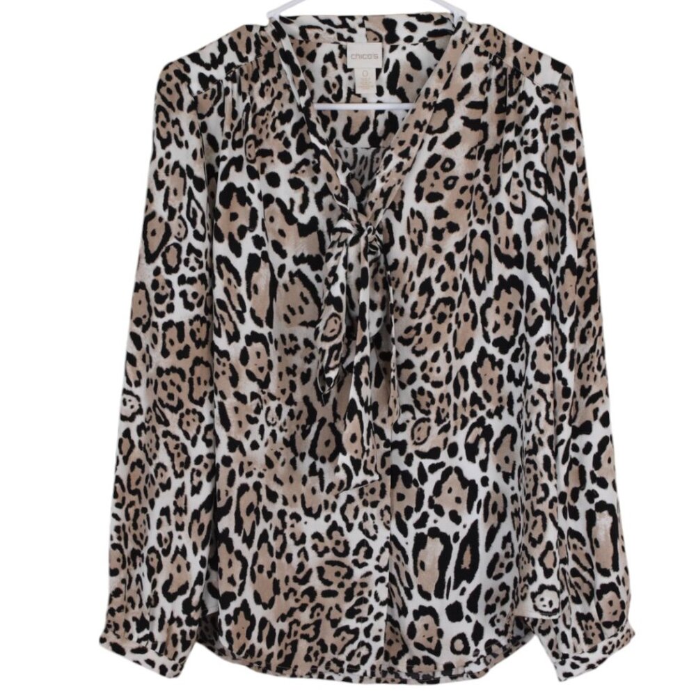 Chico's Animal Print Leopard Bow Tie Neck Blouse Business Casual Career - Size S